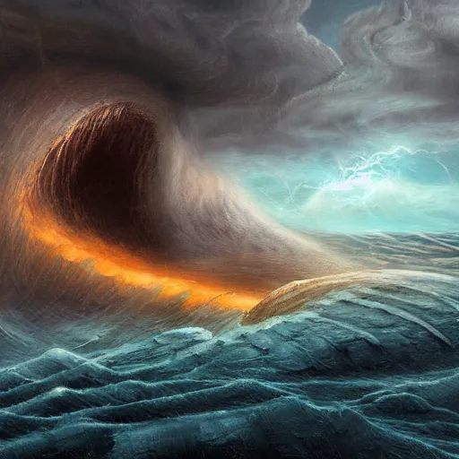 Image similar to giant from dune sandworm coming out of a stormy sea, lightning, highly detailed, beautiful light, epic, digital art, oil painting, award winning, fantasy artbook, 4 k