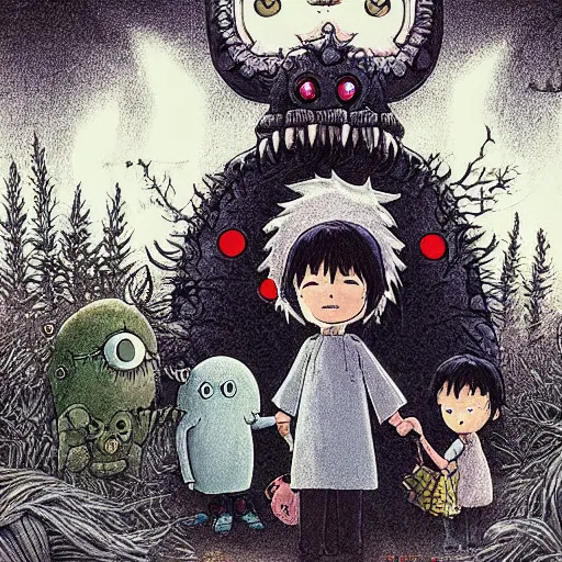 Prompt: cute monster lurking behind a happy family by studio ghibli, color, highly detailed, detailed, intricate, scary, horror, eerie, nightmares, dark, dramatic, 8 k