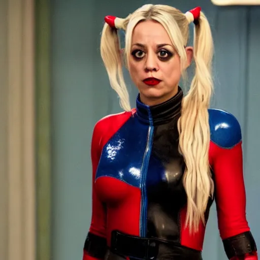 Image similar to A still of Kaley Cuoco as Harley Quinn