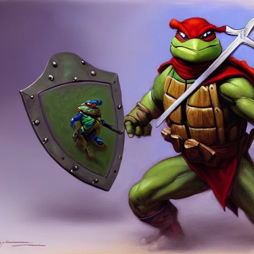 Prompt: a teenage mutant ninja turtle as a d & d style fighter with a sword and shield, highly detailed painting by gaston bussiere, craig mullins, j. c. leyendecker, 8 k