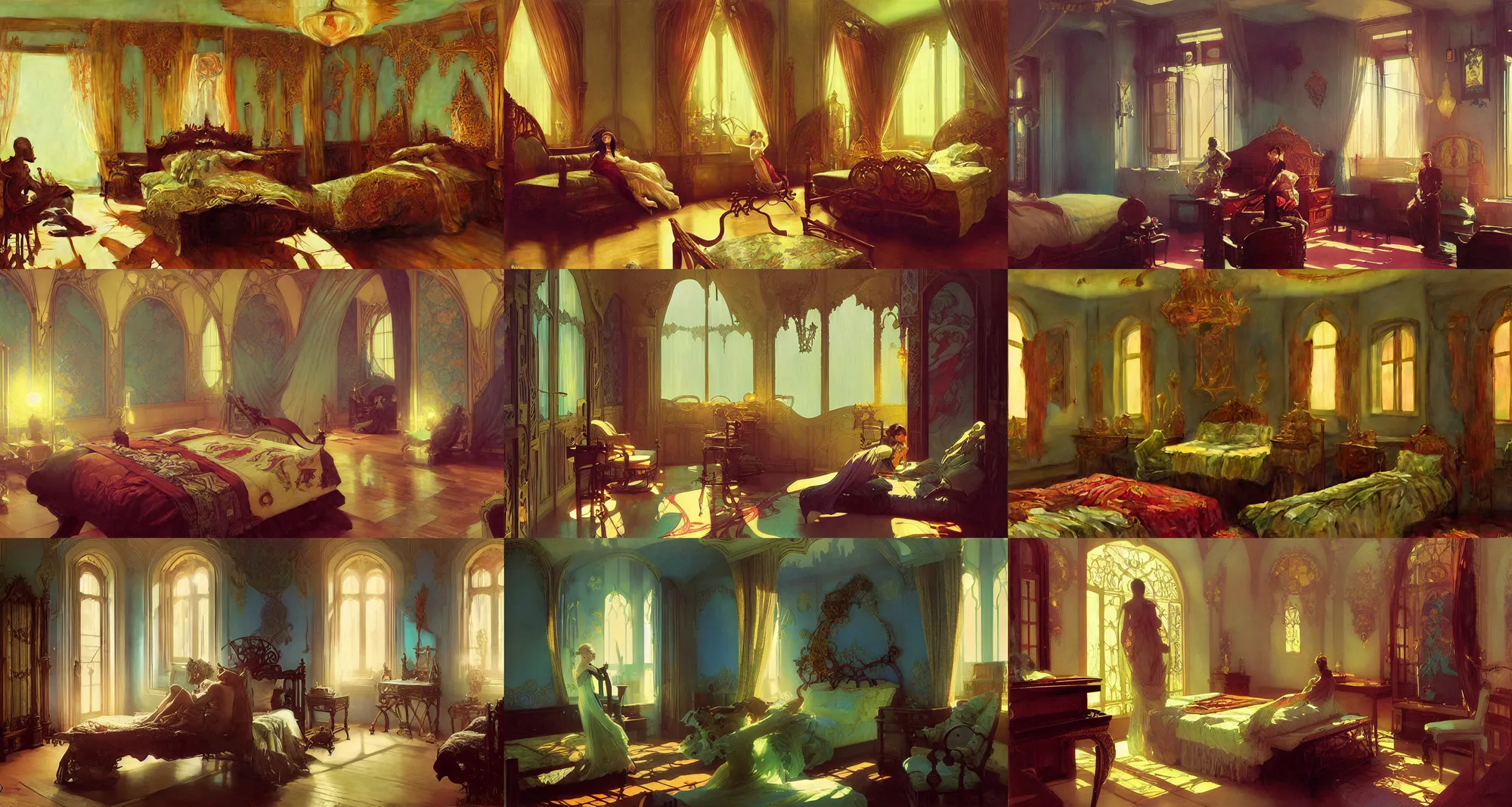 Prompt: bedroom, art nouveau architecture, fantasy, art by joseph leyendecker, ivan aivazovsky, ruan jia, reza afshar, marc simonetti, alphonse mucha