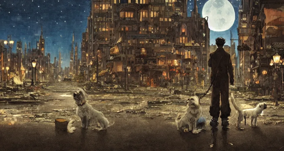 Prompt: a detailed illustration of a lonely sad dog against the background of a ravaged city and a dark moonlit sky, artstation, by Norman Rockwell, Art Nouveau, sophisticated, Unreal engine, dystopia, anti-utopia, post processing, nostalgic melancholic artwork, intricate