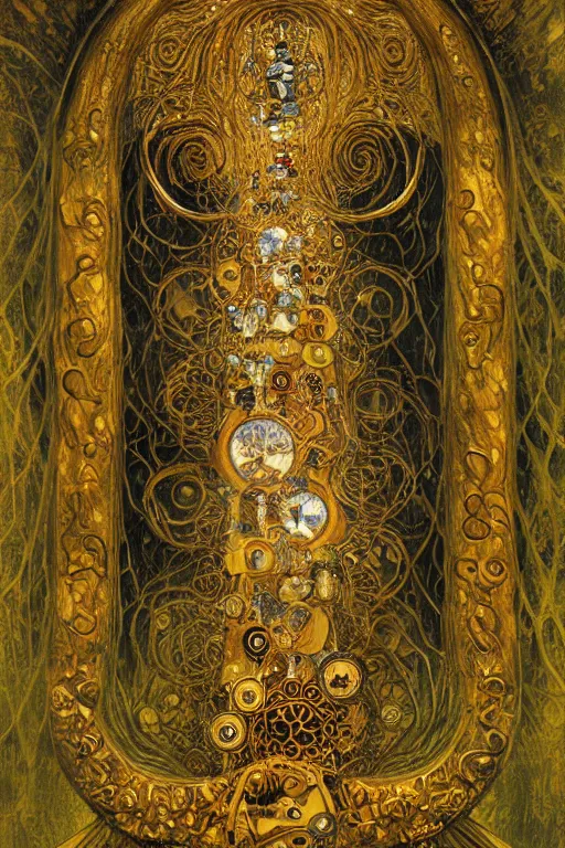 Image similar to The Helliquary by Karol Bak, Jean Deville, Gustav Klimt, and Vincent Van Gogh, lockbox, otherworldly, locks, vault, chains, fractal structures, arcane, inferno, inscribed runes, reliquary, infernal relics, ornate gilded medieval icon, third eye, spirals