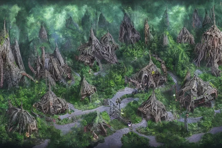 Image similar to a wood elf village suspended high in the redwood tree canopy, fantasy setting, dense vegetation, very detailed, d & d concept art, 4 k