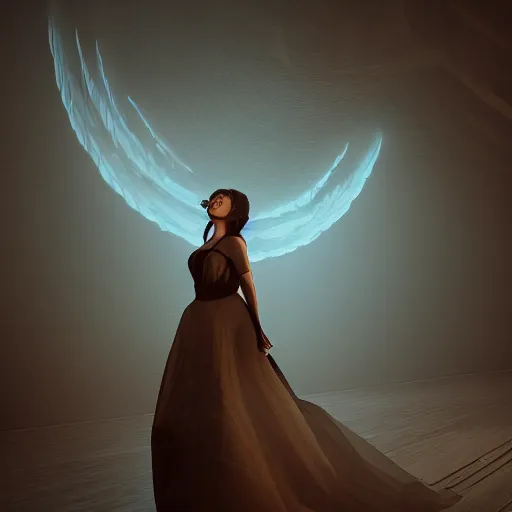 Prompt: A woman in a flowing dress floating in the air, volumetric dynamic lighting, highly detailed, cinematic lighting, unreal engine, 8k, By Imoko