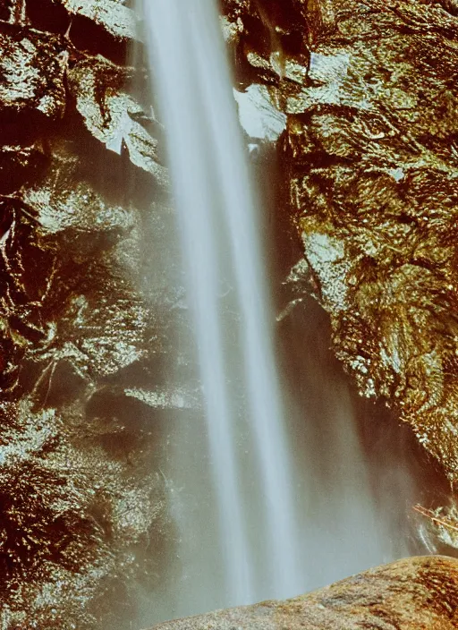 Image similar to a 2 8 mm macro kodachrome photo of a waterfall made of glowing glitter stardust and sparks, flowing into the river in the valley in yosemite national park in the 1 9 5 0's, seen from a distance, bokeh, canon 5 0 mm, cinematic lighting, film, photography, moonlight, long exposure, depth of field, award - winning