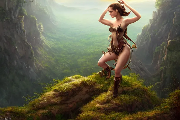 Image similar to alluring illustration of Natalie Portman, posing on the edge of a cliff overlooking a forested valley, clothed in a chesty fantasy outfit, realistic, intricate details, 8k resolution matte fantasy painting, cinematic lighting, trending on Artstation, Jason Felix Steve Argyle Tyler Jacobson Peter Mohrbacher