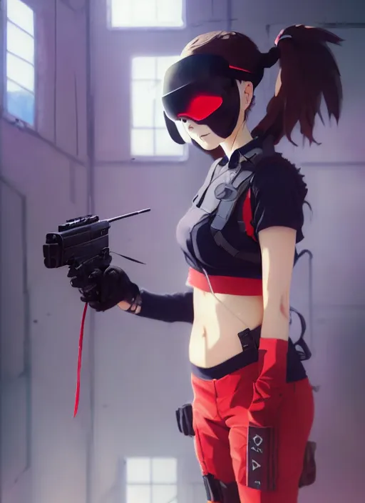 Image similar to a girl with red sports clothes, airsoft mask, reflective lens, softair center landscape, illustration, concept art, anime key visual, trending pixiv fanbox, by wlop and greg rutkowski and makoto shinkai and studio ghibli and kyoto animation, airsoft cqb, short hair, airsoft electric pistol, realistic anatomy