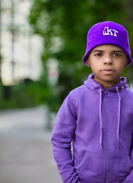 Prompt: portrait photo still of real life young craig tucker wearing a purple hat and purple clothes, 8 k, 8 5 mm, f. 1 4