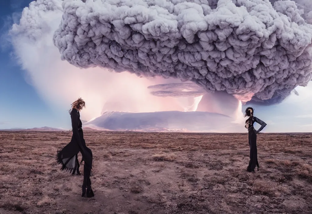 Image similar to fashion editorial in front of nuclear explosion cloud. wide angle shot. highly detailed. depth of field. high definition. 8k. photography.