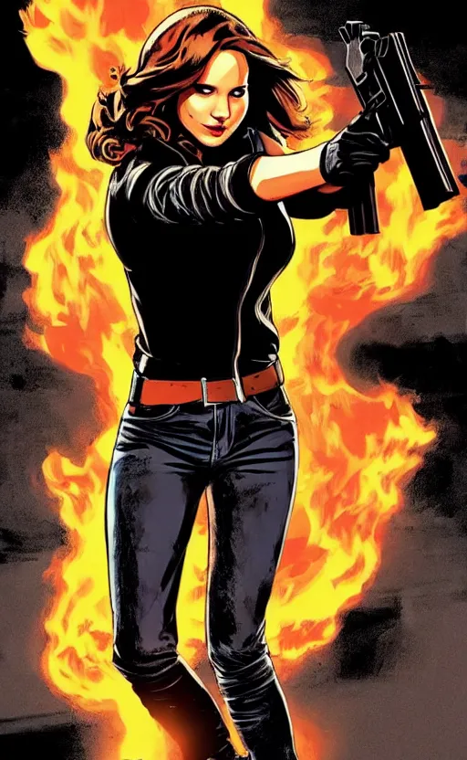 Prompt: Rafael Albuquerque comic cover art, Jennifer Lawrence with guns, smile, direct gaze, brown leather jacket, jeans, full body, building on fire, cool colors, detailed, 4k