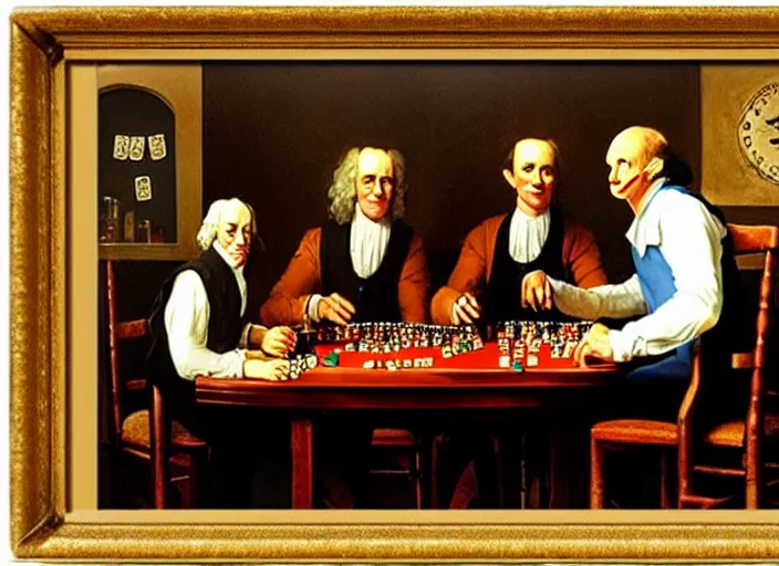 Image similar to family photo of isaac newton and stephen hawkins an einstein playing poker in an old west saloon in the style of norman rockwell