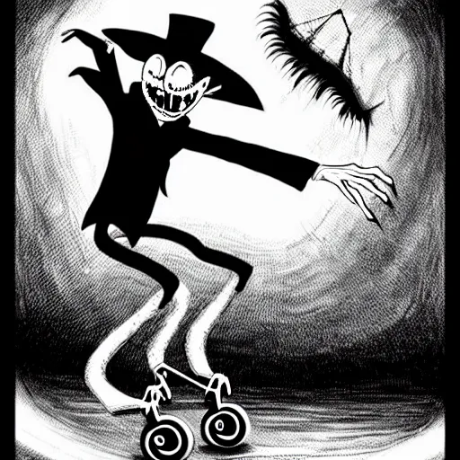 Image similar to black and white trippy comic art of full body depiction of dracula the vampire roller skating on roller skates, drawn by martin rowson, tim burton, alex pardee, nekro petros afshar, james mcdermott, frank moth, cgsociety, awesome, stunning, 4 k