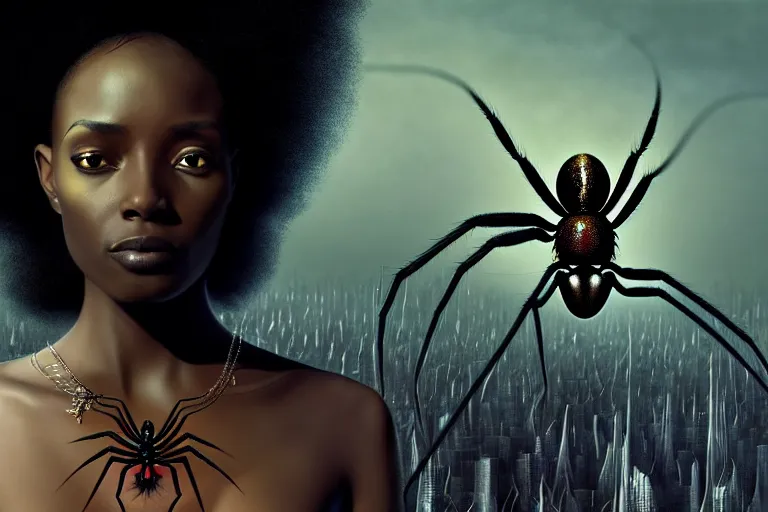 Prompt: realistic detailed photorealistic portrait movie shot of a beautiful black woman with a giant spider, dystopian city landscape background by denis villeneuve, amano, yves tanguy, alphonse mucha, ernst haeckel, jean delville, david lynch, edward robert hughes, roger dean, cyber necklace, rich moody colours, cyber patterns, wide angle