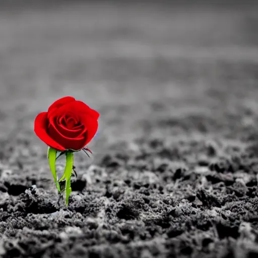 Image similar to a flower in a wasteland, one single flower, red rose, destroyed swampland, ultra - realistic, 4 k, gray background, dead trees, one lone flower, concept art,