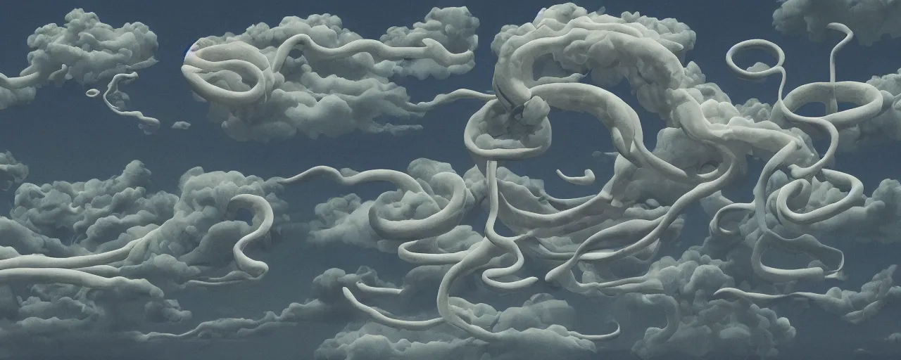 Image similar to a swirling cloud of snake medicine. Painting by René Magritte, 3D rendering by Beeple, sketch by R. Crumb