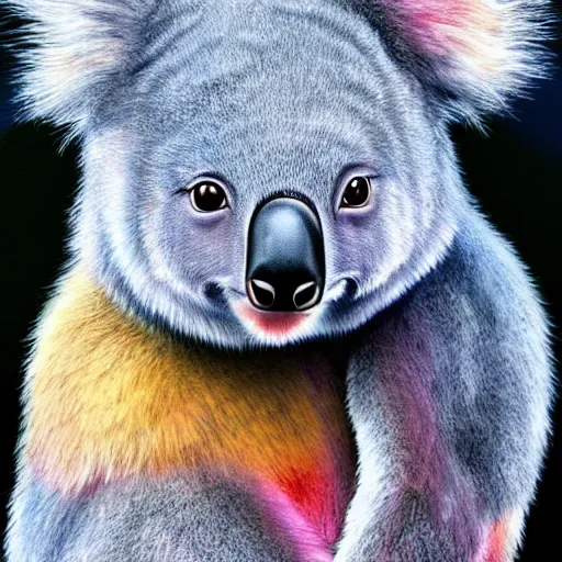 Prompt: cute fuzzy hybrid animal cross between koala and kangaroo colorful furry detailed painting 4 k