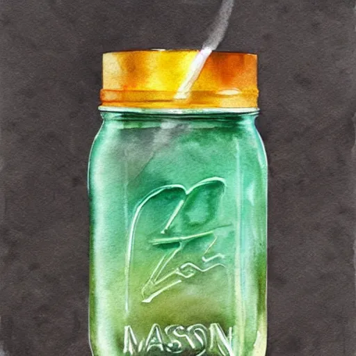 Image similar to Ice Tea in a mason jar, Watercolor, photorealistic, high resolution, award winning, trending on artstation, art poster, art by artgerm