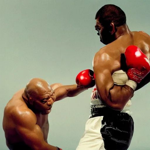 Prompt: a beautiful medium - shot of mike tyson punching to blood fat donald trump, beautiful soft light, sport photography, fast shutter speed, by annie leibovitz