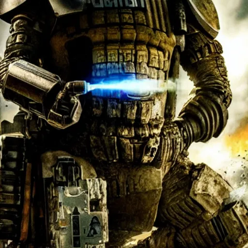 Image similar to cinematic, 4 k, full body portrait, rock golem as a soldier smoking a cigarette, still from the movie judge dredd