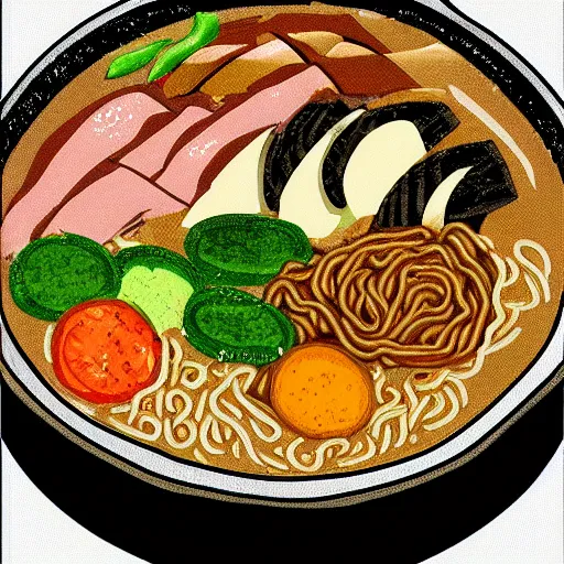 Prompt: A anime style of a bowl of ramen, digital art