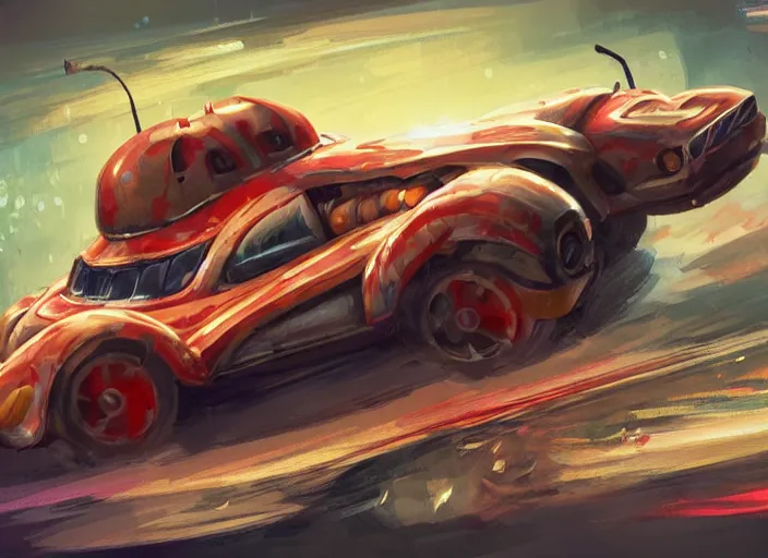 Prompt: concept design of cute candy cars for a aaa game, must be made by types of candy the car, oil painting by eren arik and jama jurabaev, extremely detailed, brush hard, artstation, high quality, brush stroke