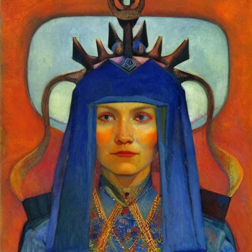 Image similar to the corvid crown, by Annie Swynnerton and Nicholas Roerich and Diego Rivera, blue skin, elaborate costume, geometric ornament, rich color, dramatic cinematic lighting, smooth, sharp focus, extremely detailed