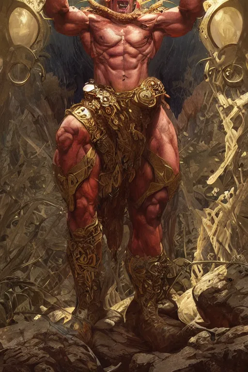 Image similar to portrait of doctor eggman as a herculian man, forest, full body, muscular, fantasy, intricate, elegant, highly detailed, digital painting, artstation, concept art, sharp focus, illustration, art by artgerm and greg rutkowski and alphonse mucha