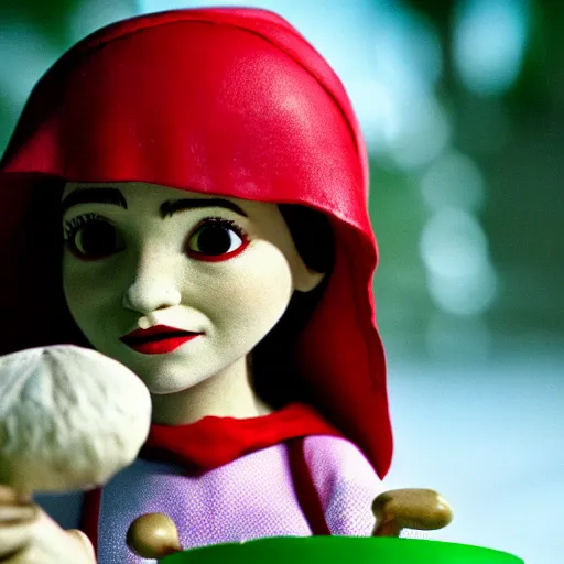 Prompt: a cinematic film still of a claymation stop motion film starring emma watson as little red riding hood, holding basket, shallow depth of field, 8 0 mm, f 1. 8