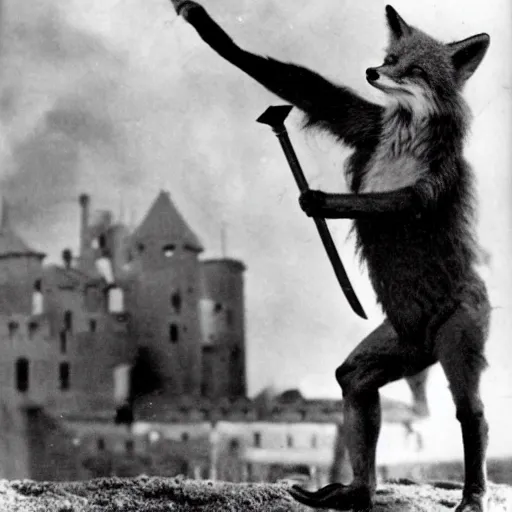 Prompt: anthropomorphic fox man fights in front of a castle while it begins to crumble, 1910s film scene