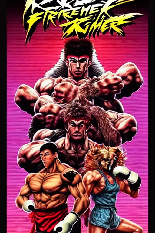 Image similar to extreme long shot. 8 bit nes graphics. antropomorphic muscular masculine wolf. kickboxer fighter, in shorts. wolf head. fine details, very sharp, art from nes game cartridge, 8 0's, vhs artefacts, vaporwave style, marc simonetti and hermann nitsch. streetfighter, kung fury movie