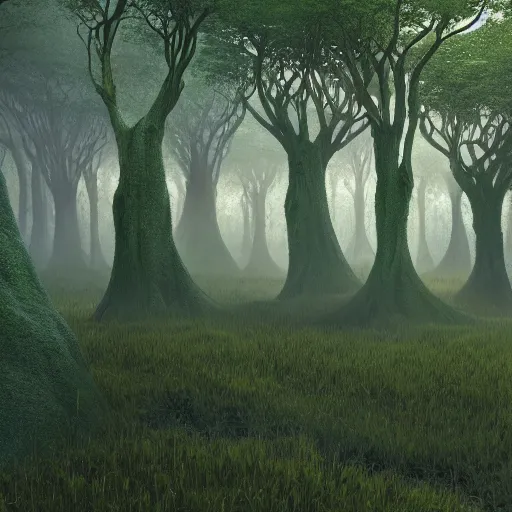 Prompt: Highly detailed wide angle photo of a fractal forest with sacred geometry sculptures, dense vegetation realistic lighting volumetric lighting floating particle effects wonderland fantasy fog mist lightrays octane render by Zdzislaw Beksinski , hyper realistic, fantasy art, 16:9