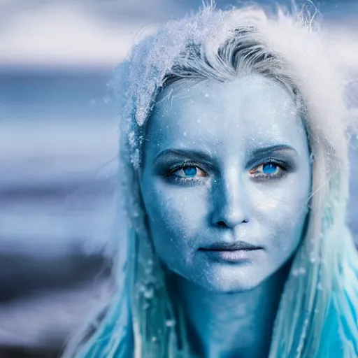 Image similar to ice dust around a frozen woman with white hair and blue eyes on the seashore, In detail