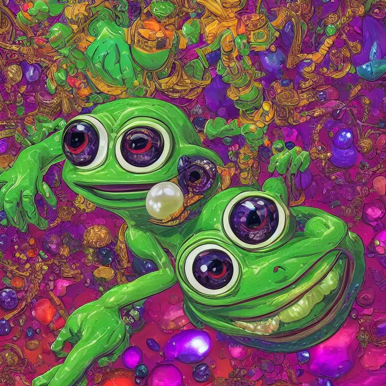 Image similar to maximalist detailed gemstone pepe the frog by adoryanti, machine. delusions, holosomnia, electrixbunny, rendered in discodiffusion. decorated with pearls and gems, behance hd by jesper ejsing, by rhads, makoto shinkai, ilya kuvshinov, rossdraws global illumination ray tracing hdr radiating a glowing aura