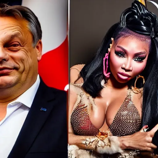 Prompt: viktor orban happy to pose for a photo with nicki minaj, highly detailed, hyper realistic