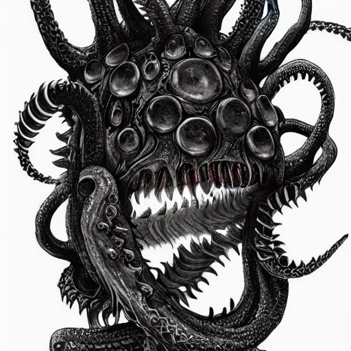 Prompt: unimaginable faceless creature, many eyes, many tentacles, many teeth, dark souls inspired, concept art by Hidetaka Miyazaki