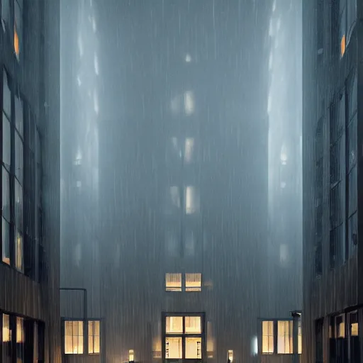 Image similar to modern high end designer restaurant at night in the foggy rain, symmetrical art deco office building with accent lighting, moody, epic composition, professional photograph, highly detailed, warm lighting interior, matte painting, large windows, large statue with wings, dramatic lighting, unreal engine, pastels