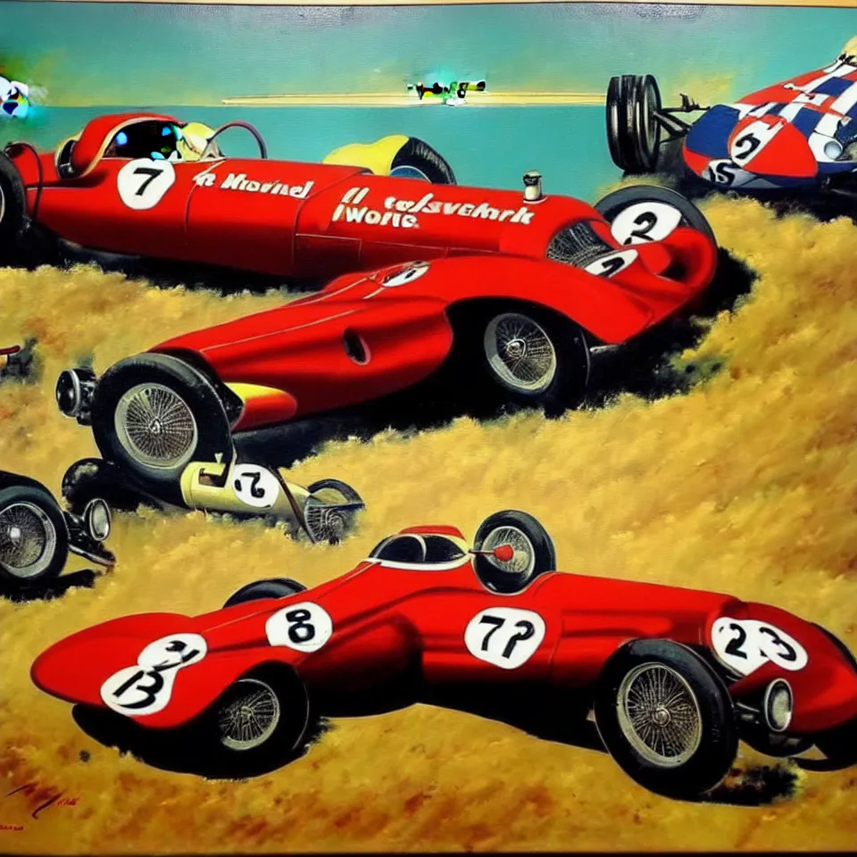 Prompt: a oil painting of a vintage car racing poster