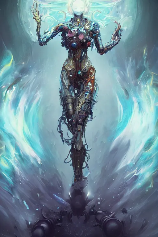 Image similar to full body shot of a beautiful supernatural cybernetic emanation, splash art by pete mohrbacher and artgerm and wlop, digital art, highly detailed, intricate, fantasy, mystical, sharp focus, Trending on Artstation HQ, deviantart, unreal engine 5, 4K UHD image