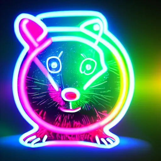 Image similar to cyberpunk hamster made of glowing neon lights holding a rainbow gem crystal, light reflection, 8 k, hd, logo