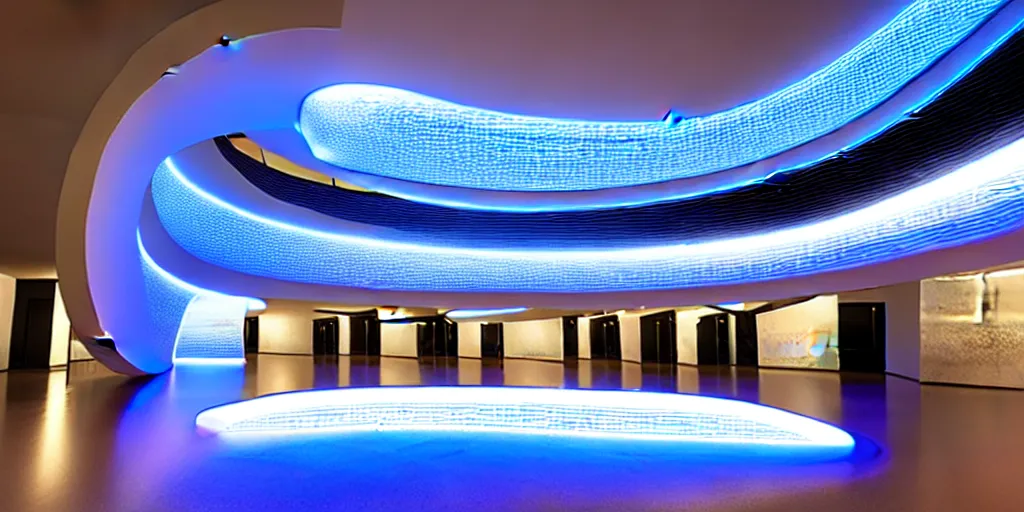 Image similar to extremely detailed stunning curvilinear museum interior with water centered sculpture piece and led strips