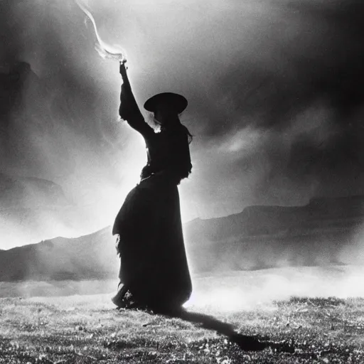 Image similar to 1 9 7 0's artistic spaghetti western movie, a woman in a giant billowy wide flowing waving dress made out of white smoke, standing inside a dark western rocky scenic landscape, volumetric lighting, backlit, moody, atmospheric