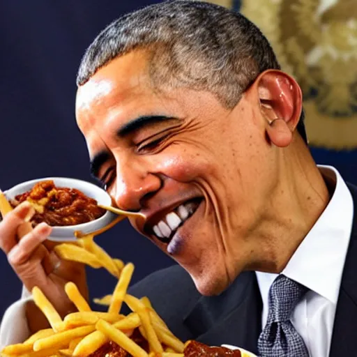 Prompt: barack obama eating chili fries, eating, chili fries, cheesy, eating, eating, eating