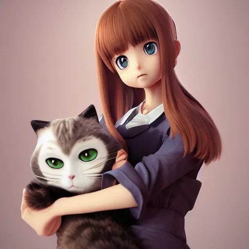 Image similar to Manga cover portrait of an extremely cute and adorable beautiful girl holding an extremely grumpy cat, 3d render diorama by Hayao Miyazaki, official Studio Ghibli still, color graflex macro photograph, Pixiv, DAZ Studio 3D