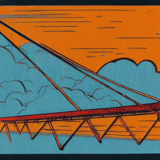 Prompt: steel suspension bridge built in 1 9 2 8, side view, puffy clouds in background, woodcut style, 8 k