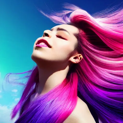 Image similar to a award winning half body shot of a beautiful woman in a croptop with a ombre purple pink teal hairstyle with head in motion and hair flying, outrun, vaporware, vivid colors, highly detailed, fine detail, intricate