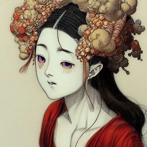 Image similar to prompt: Fragile looking vessle portrait face drawn by Katsuhiro Otomo, inspired by Carlo Dolci, magical and alchemical objects on the side, soft light, white background, intricate detail, intricate ink painting detail, sharp high detail, manga and anime 2000