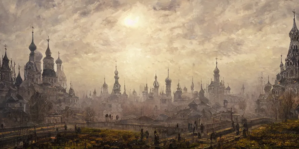 Image similar to magical ancient Slavic city of Kitezh in mist, magic lights, magic mist, strange buildings, oil painting, painting by Viktor Vasnetsov, concept art, fantasy cityscape, ancient Russian architecture, painting by Ivan Shishkin, hyperborea, high resolution, trending on artstation,