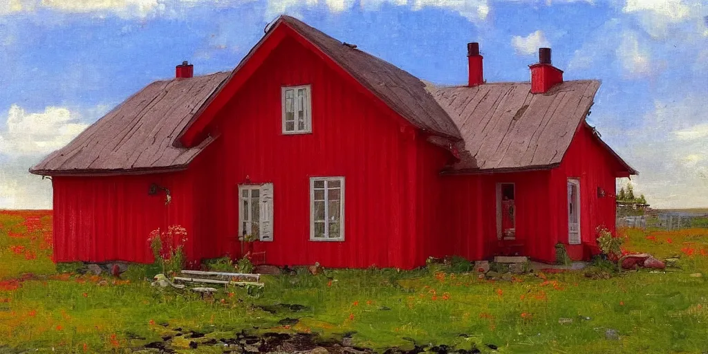 Image similar to a swedish red cottage in the style of ilya repin