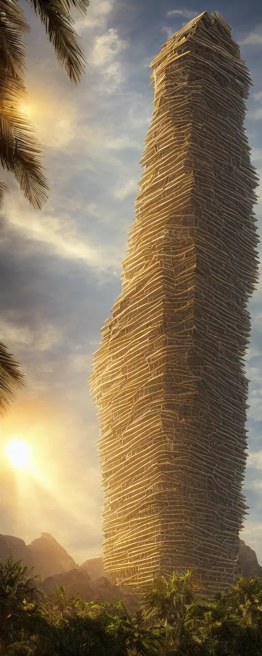 Prompt: photorealistic photo a contemporary babylon tower, golden details, sacred geometry architecture, cascading highrise, arid mountains with lush palm forest, sunlight, god rays, post - production, octane, cgi, sfx